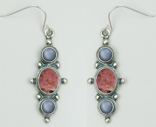 Sterling Silver Drop Dangle Earrings With Rhodonite Quartz And Grey Moonstone